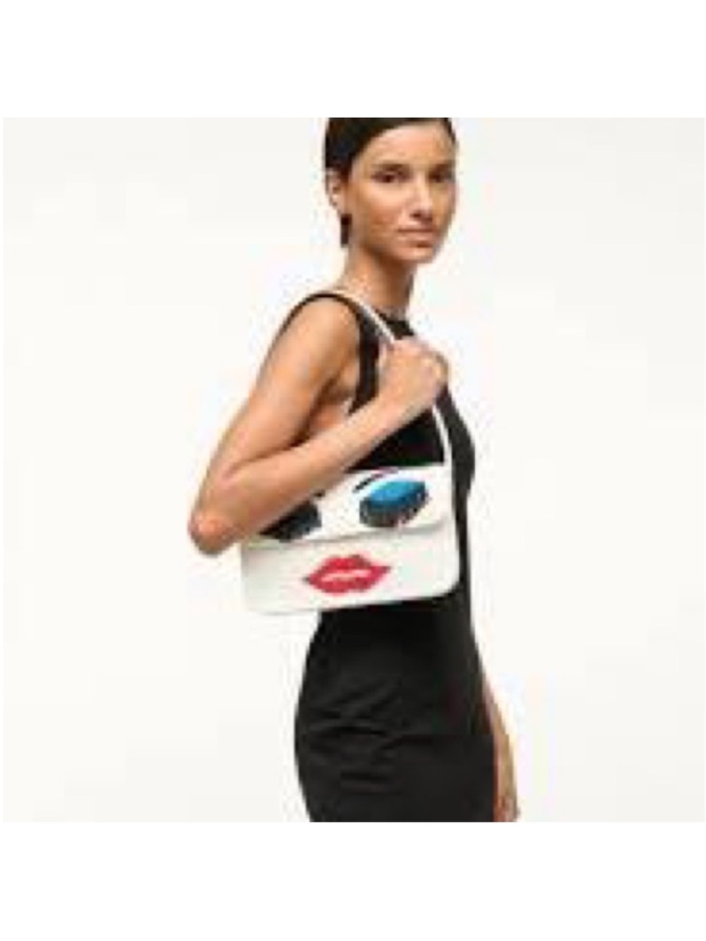 STAUD White Beaded Shoulder Bag with Blue Eyelash Detail and Red Lip Motif - Picture 2 of 6